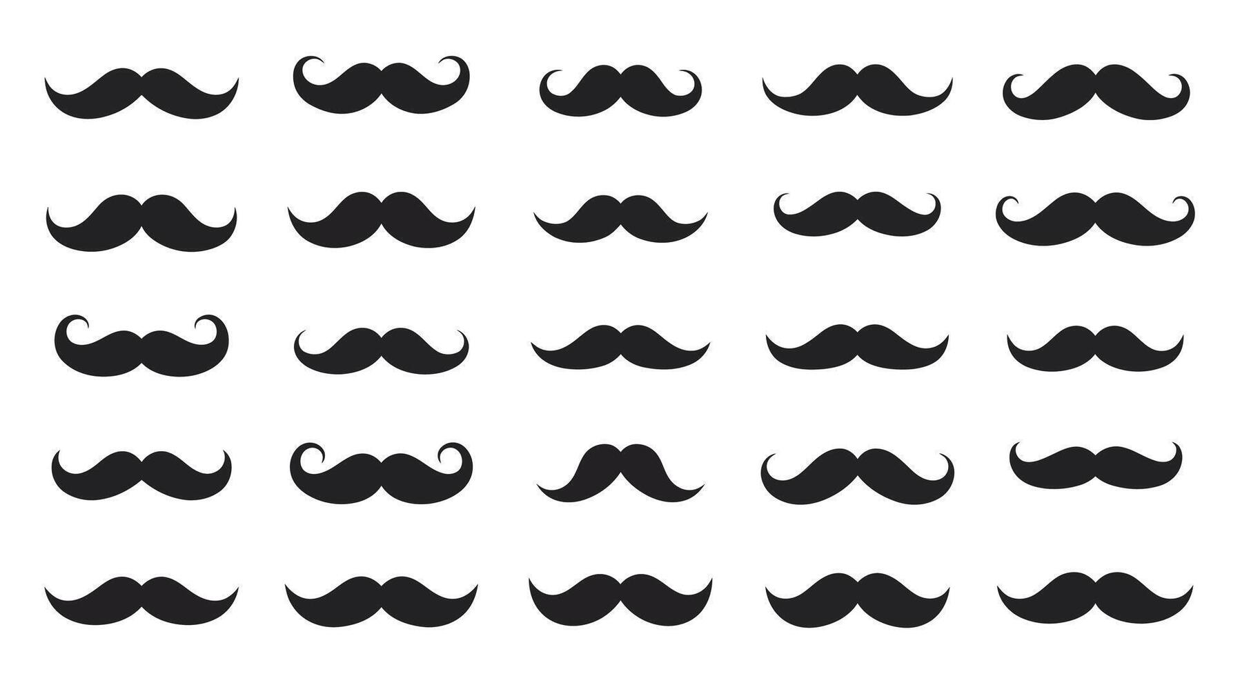 Collection of various black mustache styles in simple flat design with diverse shapes and curls arranged in rows illustration vector