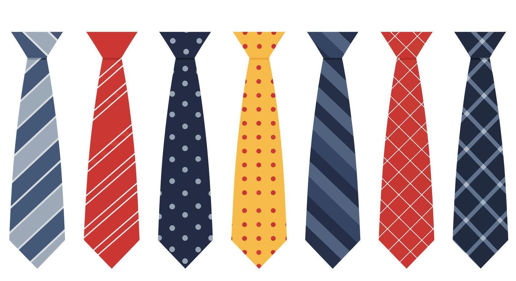 Collection of colorful patterned mens neckties in flat design style with stripes dots and checkers illustration vector