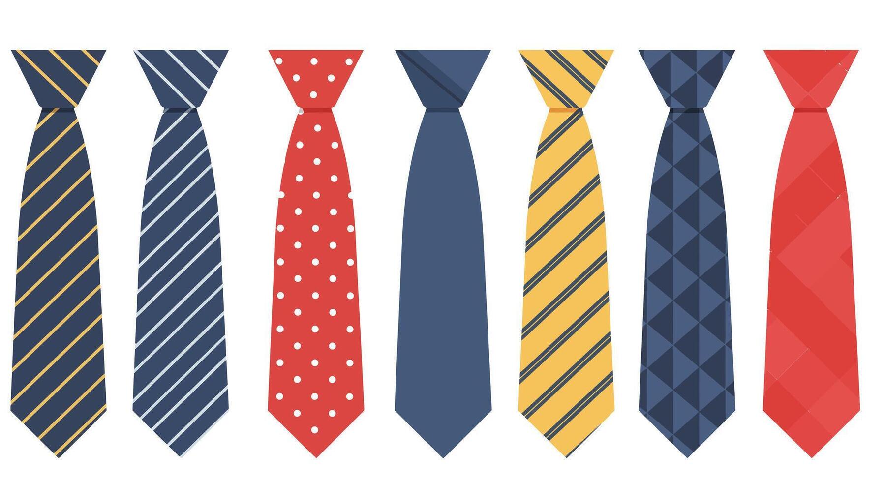 Seven assorted mens neckties in flat design style featuring stripes, polka dots, geometric patterns, and solid colors illustration vector