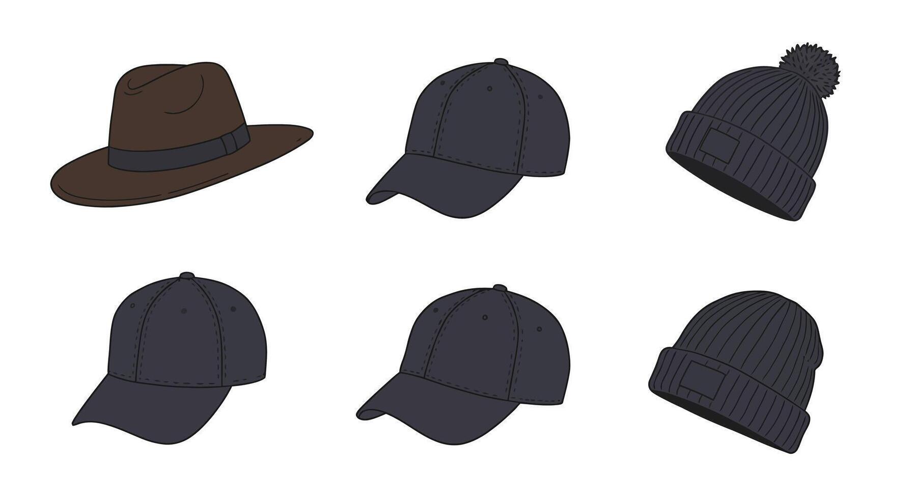 Collection of various hat styles including brown fedora, black baseball caps, and knitted beanies in flat design illustration vector