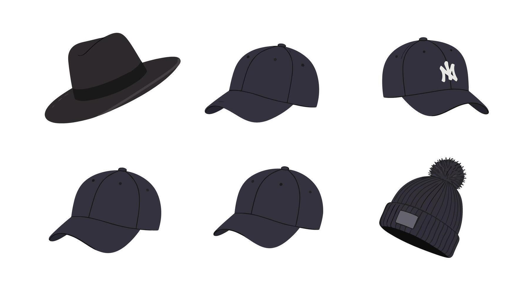 Collection of various mens hats including fedora and baseball caps in flat minimal style illustration vector