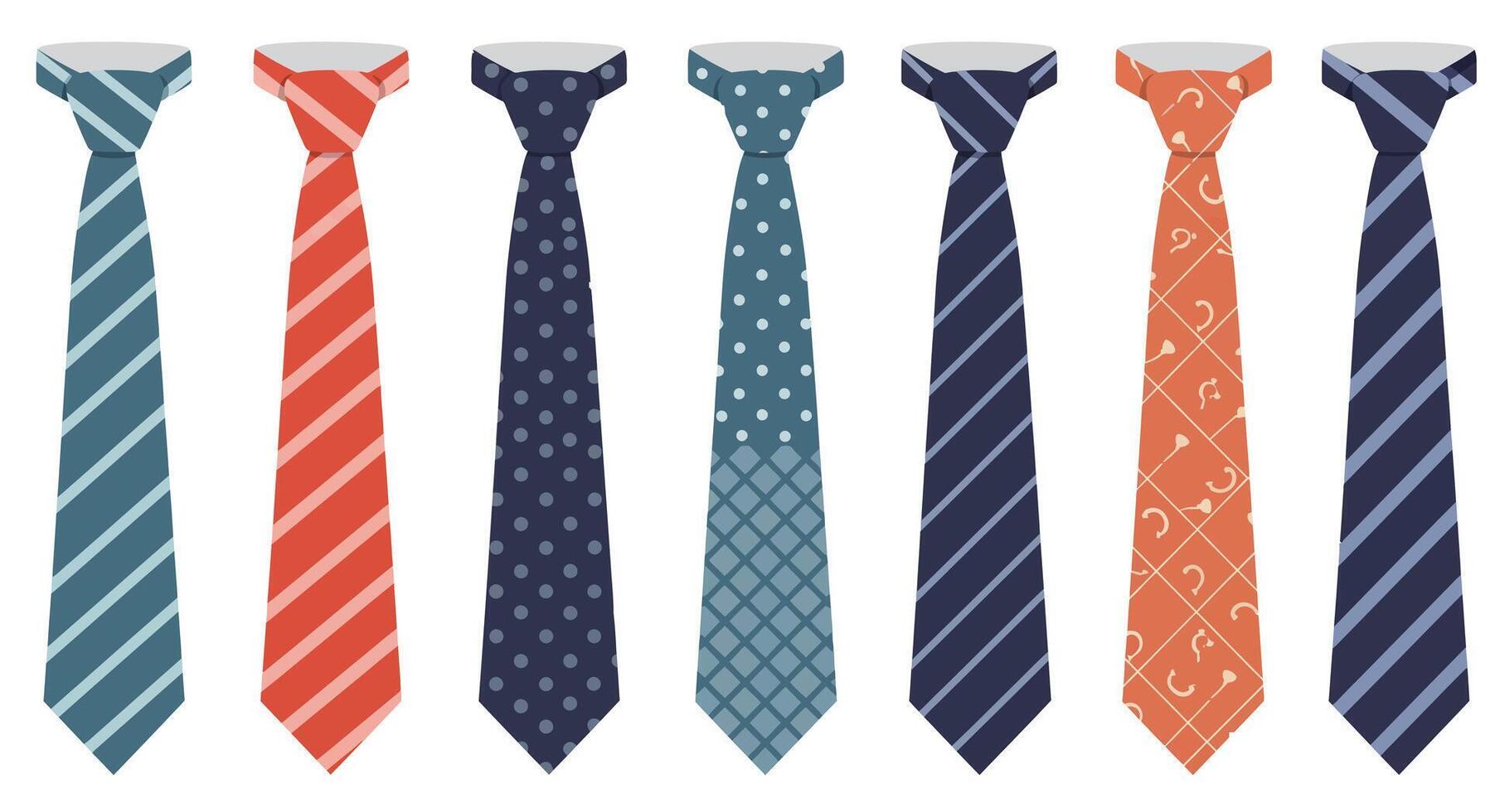 Collection of colorful mens neckties with various geometric patterns flat design illustration vector