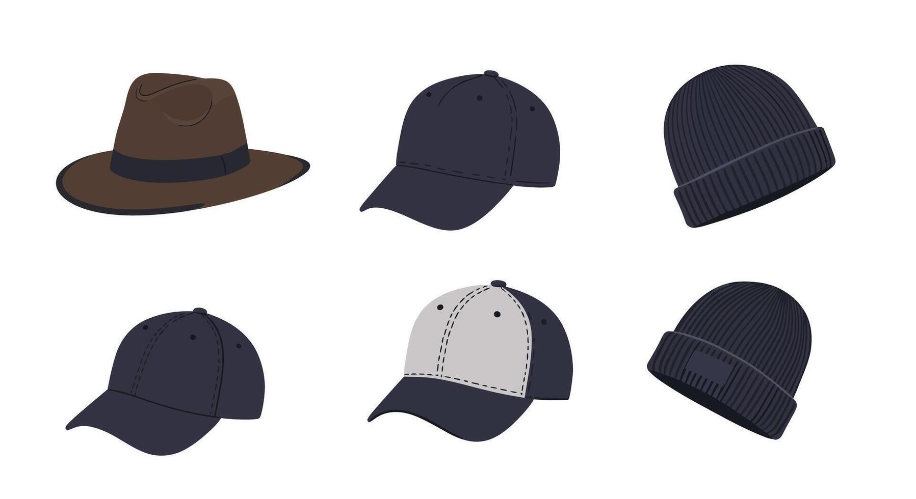 Collection of various mens hats including fedora, baseball caps, and knit beanies in flat minimal illustration vector