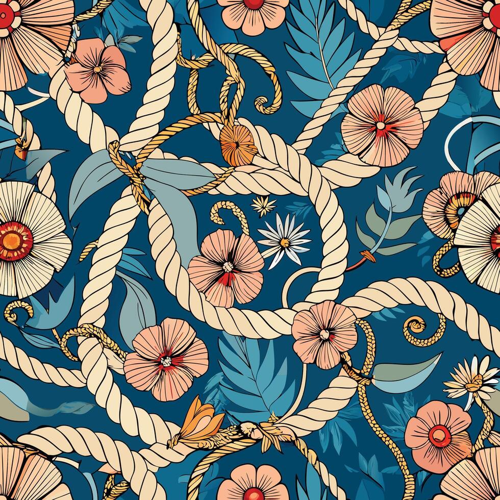 Seamless Summer Marine Pattern Adorned with Anchors Rope and Floral Elements vector