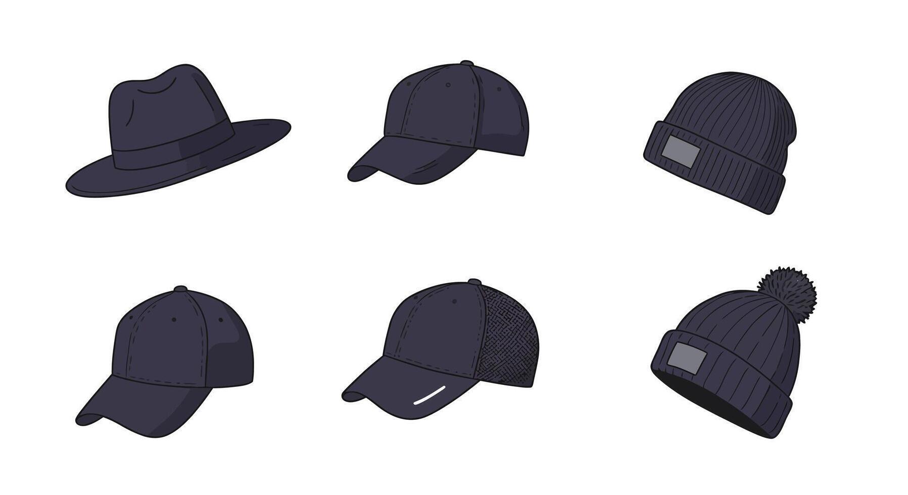 Collection of dark navy blue hats in flat style featuring fedora, baseball caps, and knitted beanies in various angles illustration vector