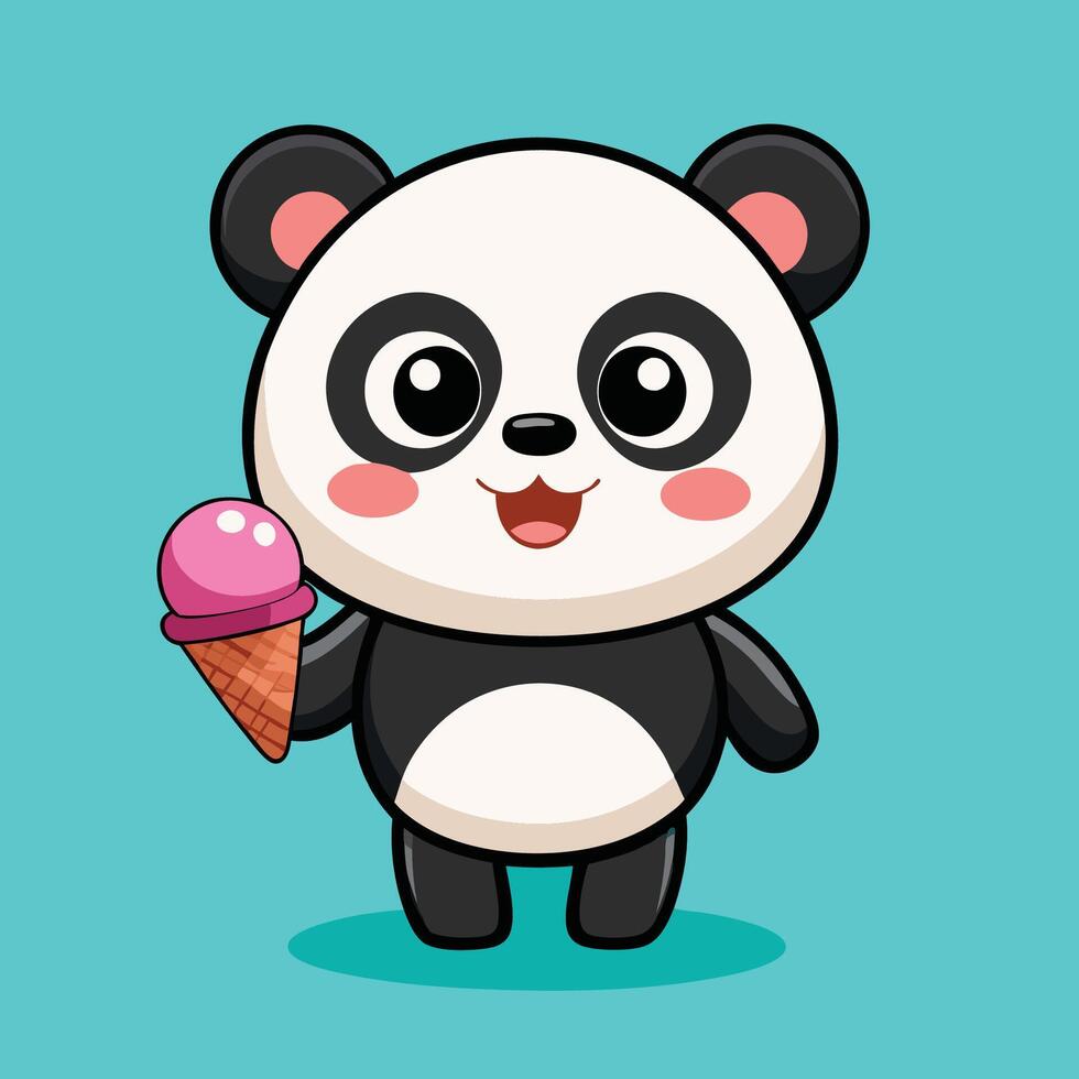 Adorable Cartoon Icon Depicting a Panda Bear Indulging in an Ice Cream Cone vector