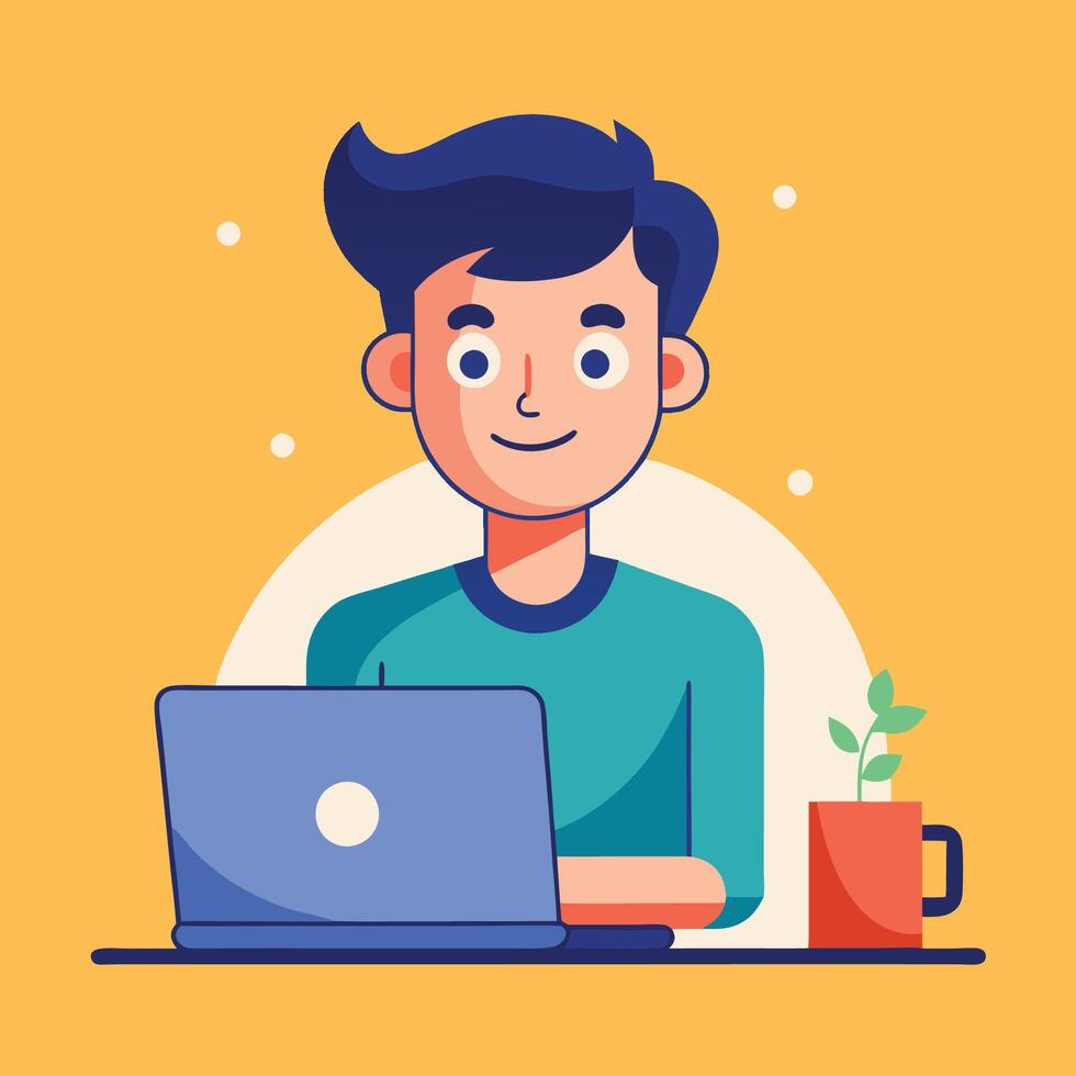 Cartoon Man Fervently Working on Laptop While Savoring Coffee vector