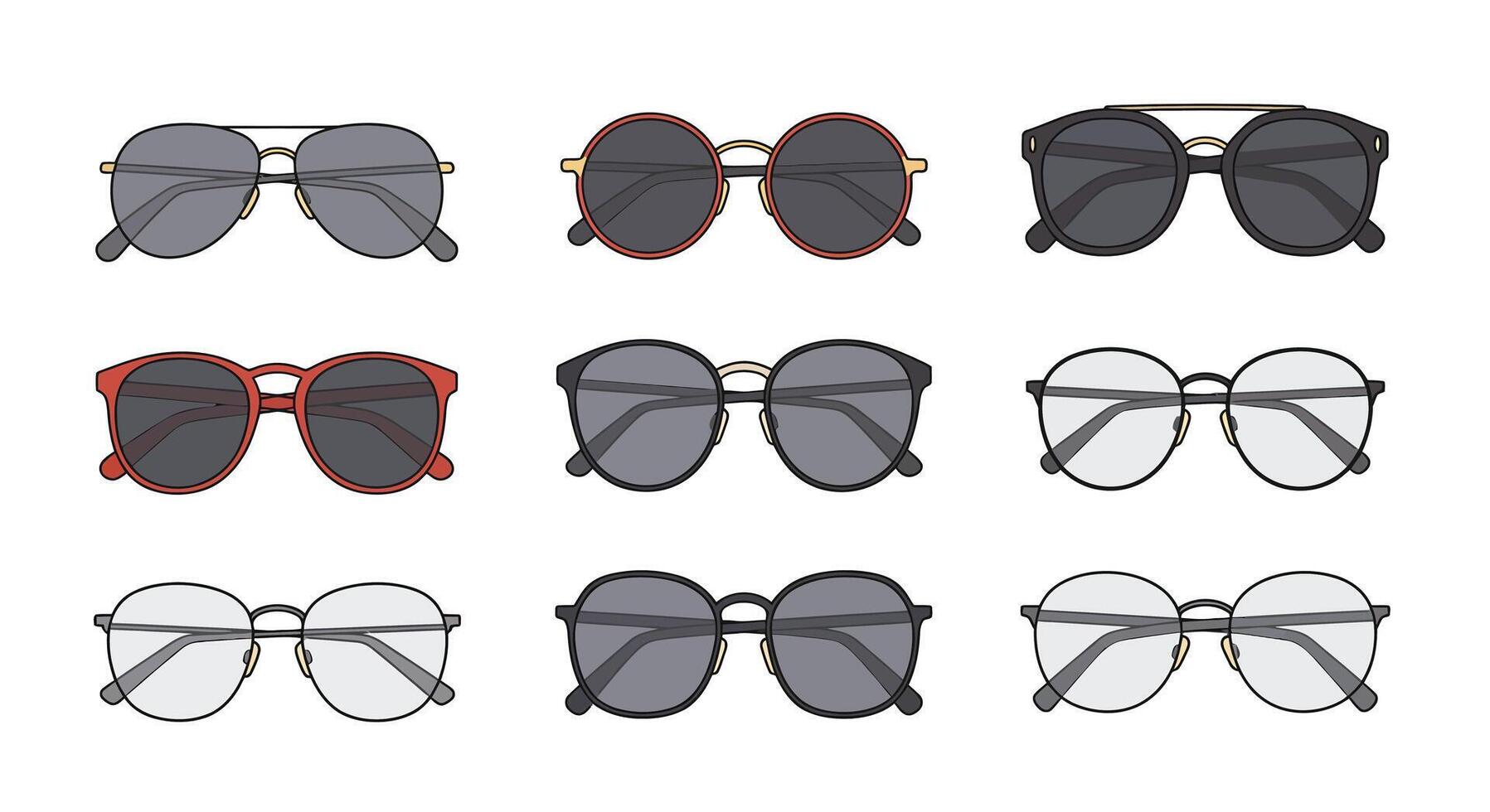 Various stylish eyeglasses and sunglasses collection in flat modern design with different shapes and frame colors illustration vector