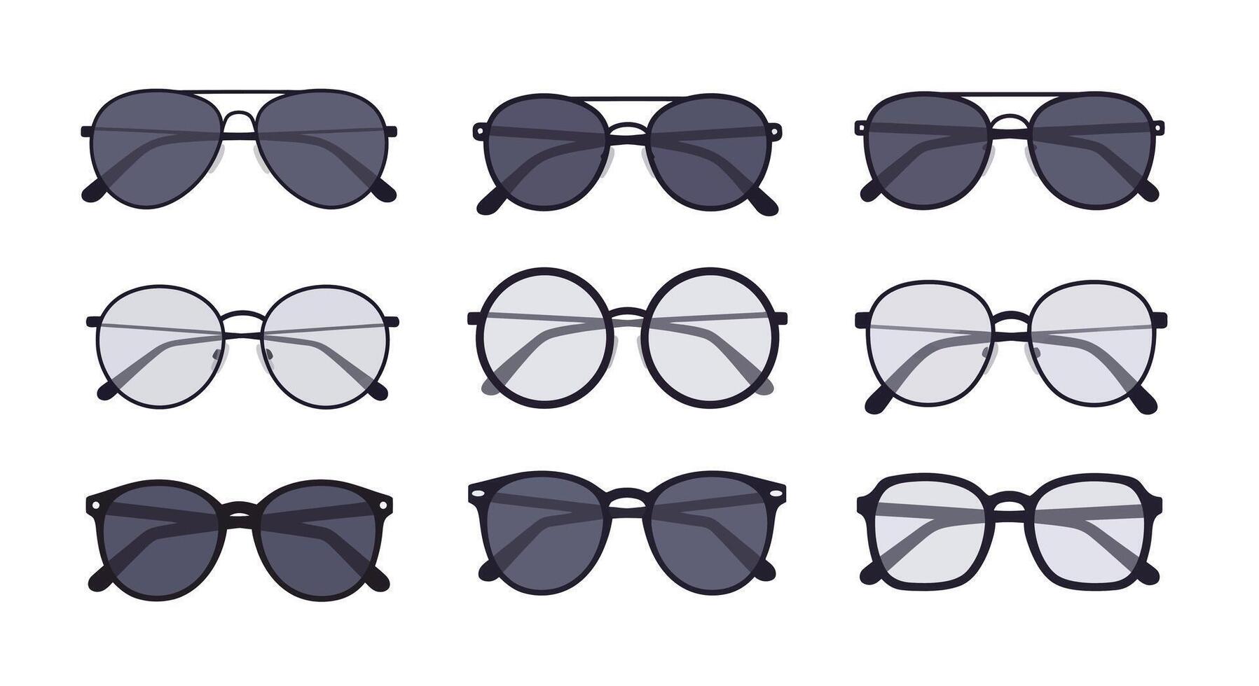 Collection of stylish eyeglasses and sunglasses in flat minimal design with various frame shapes and lens tones art vector