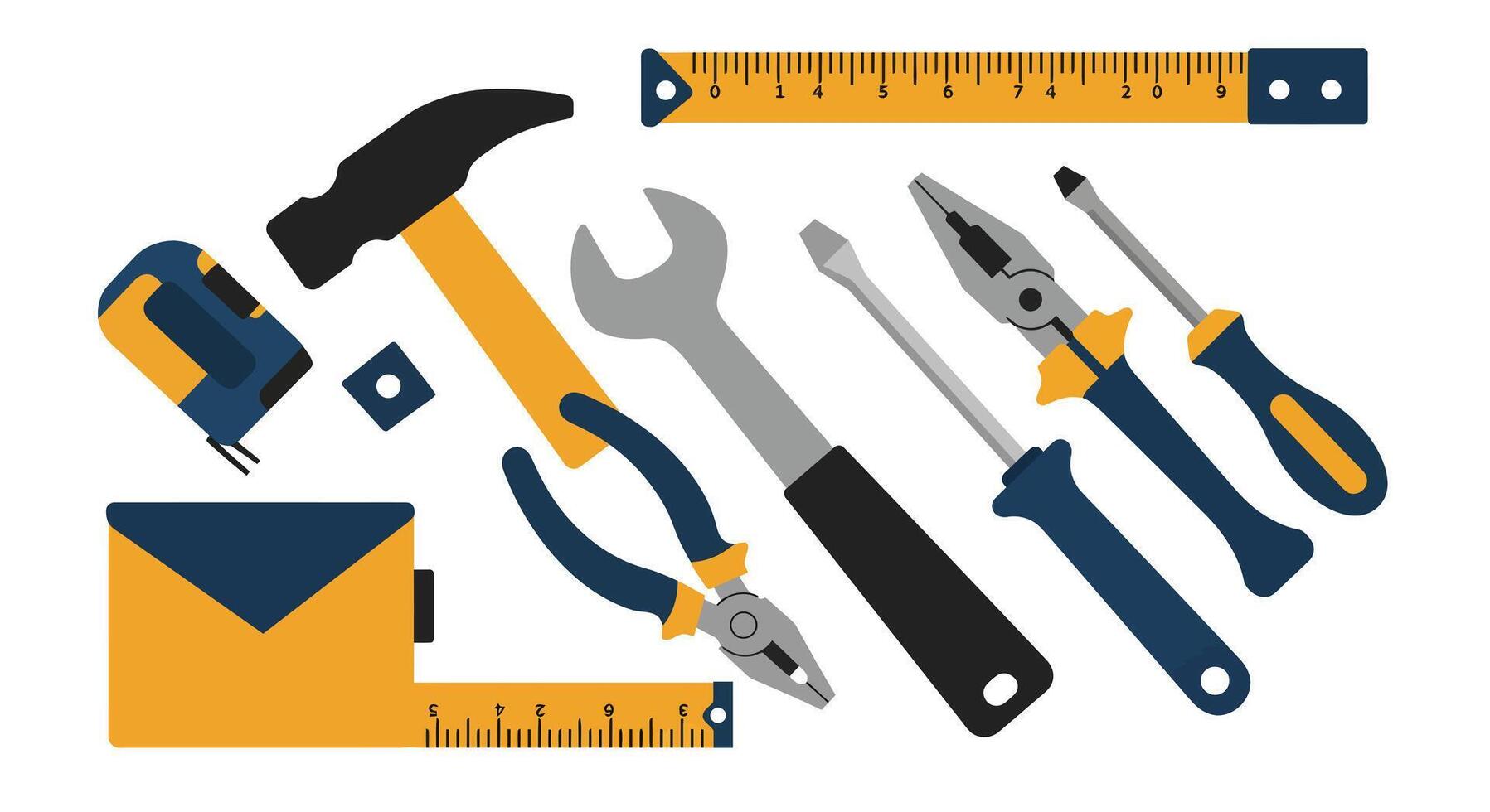 Collection of hand tools including hammer wrench pliers screwdrivers and rulers in flat design illustration vector