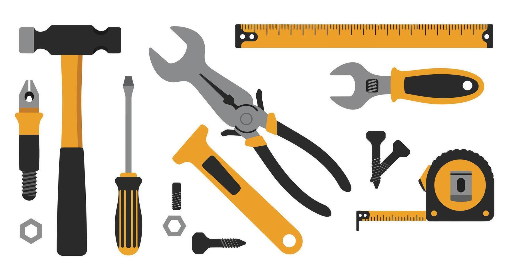 Collection of hand tools including hammer wrench screwdriver pliers measuring tape and nuts in flat style illustration vector