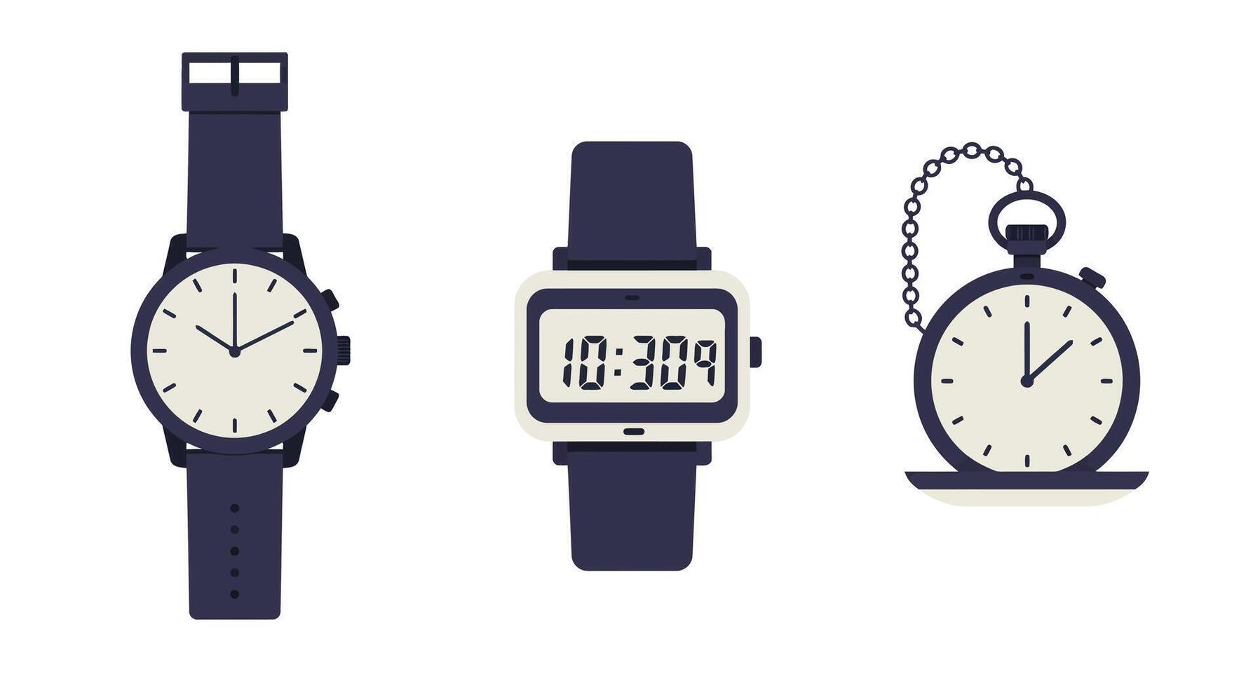 Three different styles of wrist and pocket watches in flat minimal design with black straps and white faces illustration vector