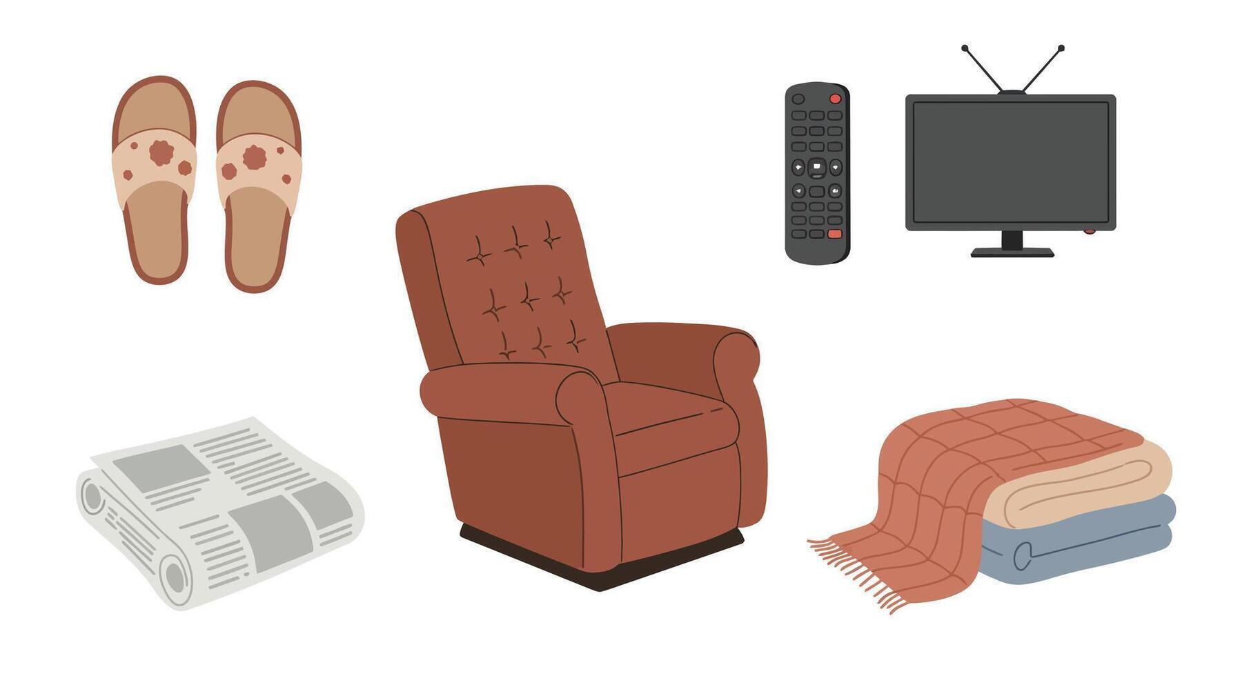 Comfortable living room elements in flat design style featuring armchair, slippers, folded blankets, TV with remote, and newspaper illustration vector