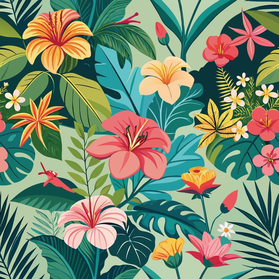 Seamless Pattern of Tropical Island Forest Hibiscus Paradise vector
