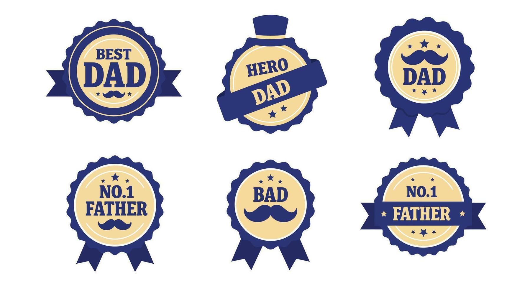 Set of six blue and beige flat design father-themed badges with ribbons and text elements in illustration vector