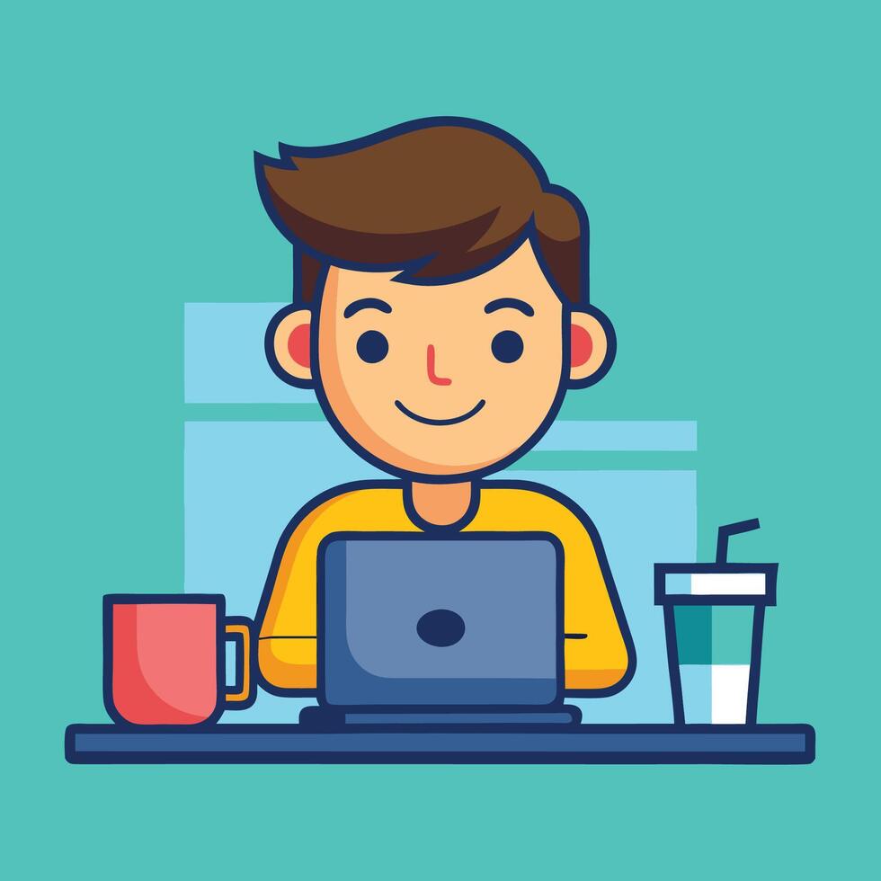 Charming Man Diligently Working on Computer with Coffee in Hand vector