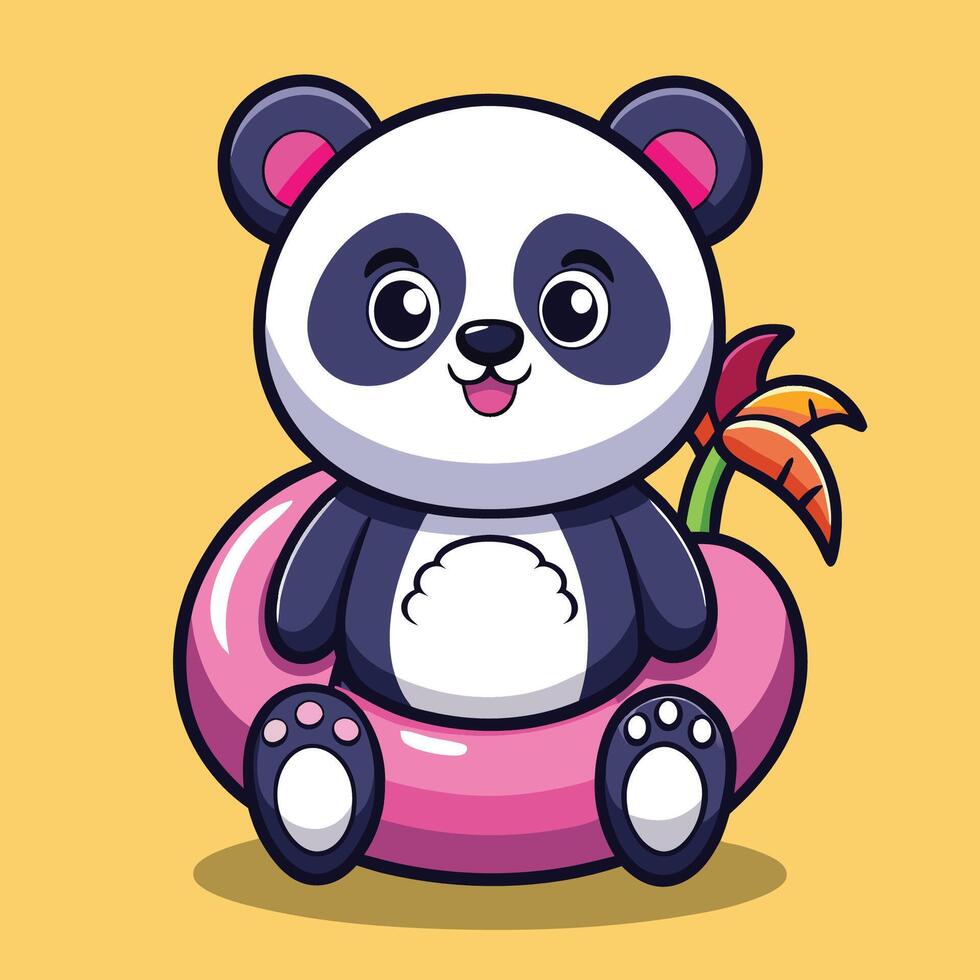 Adorable Panda with Pink Flamingo Tires A Delightful Cartoon Icon vector