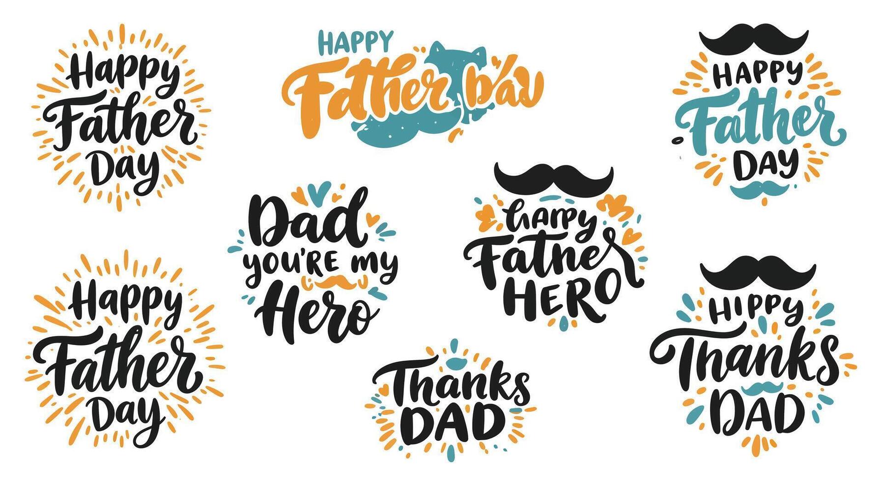 Fathers Day themed flat style typography designs with mustache accents and colorful decorative elements illustration vector
