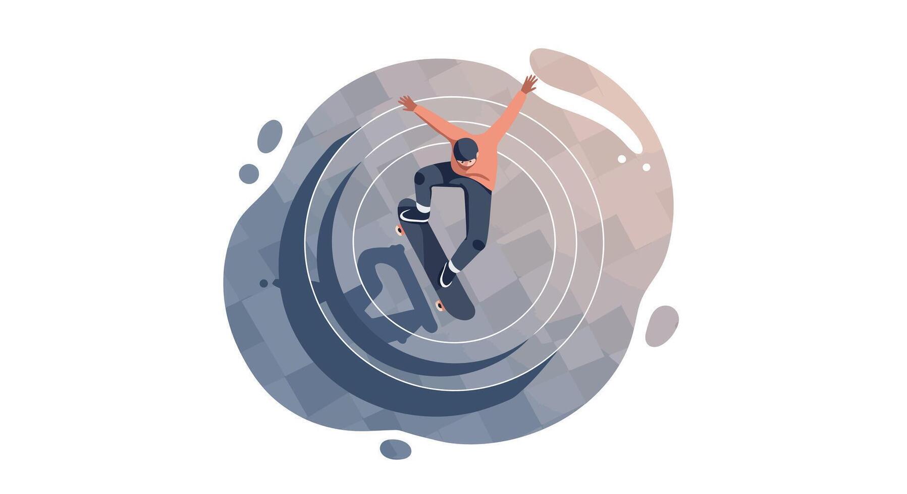 Male skateboarder performing trick in dynamic motion with minimal flat design and abstract circular background illustration vector