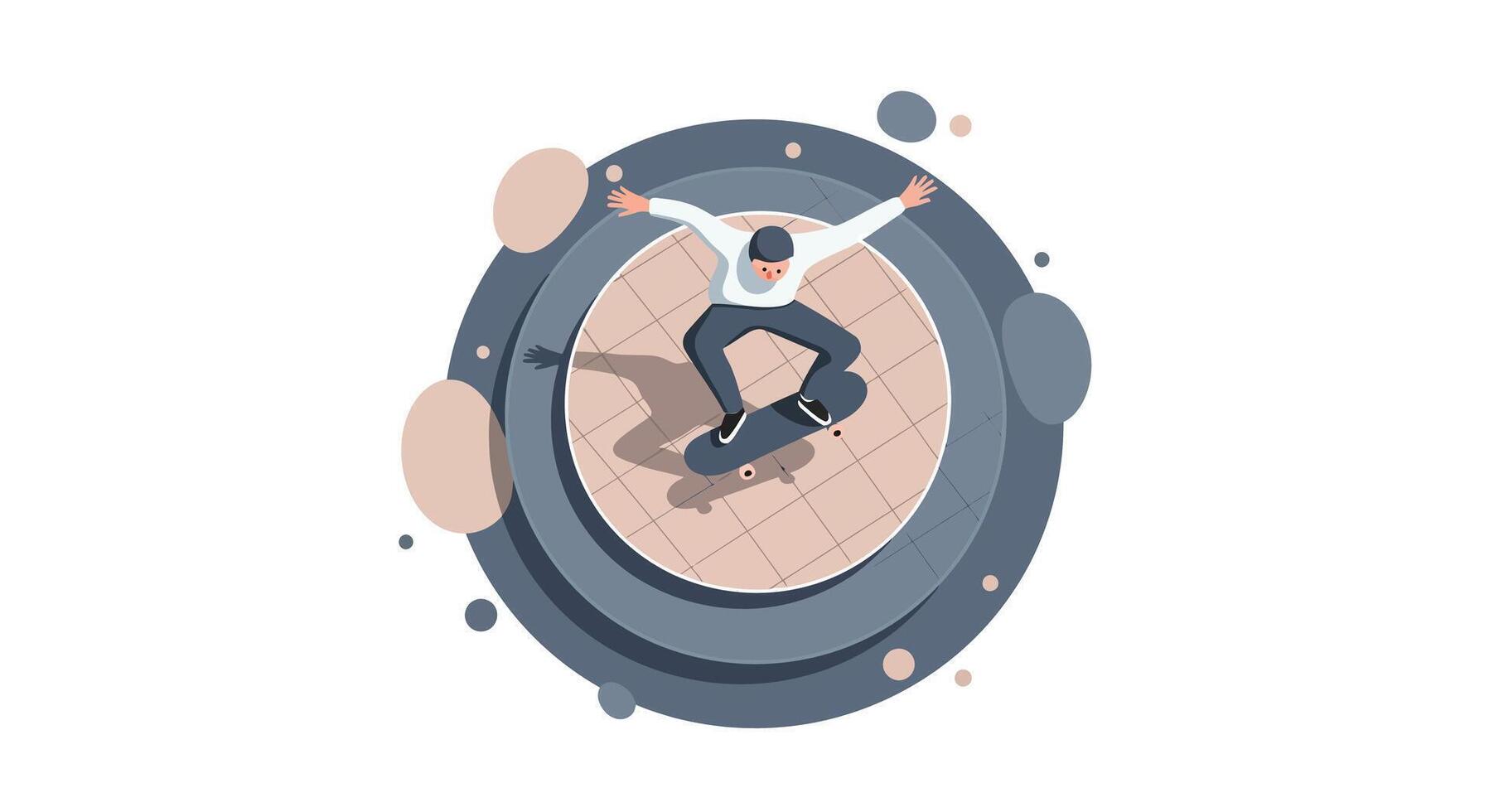 Skateboarder performing ollie trick on circular patterned ground in dynamic flat design illustration vector