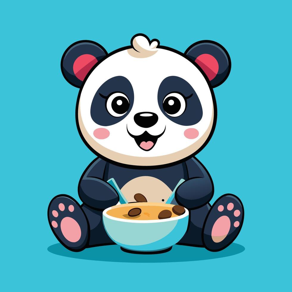 Adorable Panda Savoring Cereal and Milk for a Wholesome Cartoon Breakfast vector