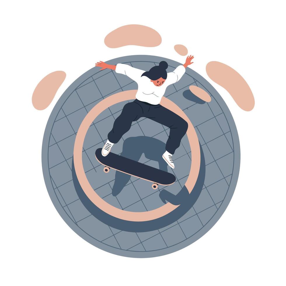 Female skateboarder performing jump trick in dynamic pose with urban elements flat design illustration vector
