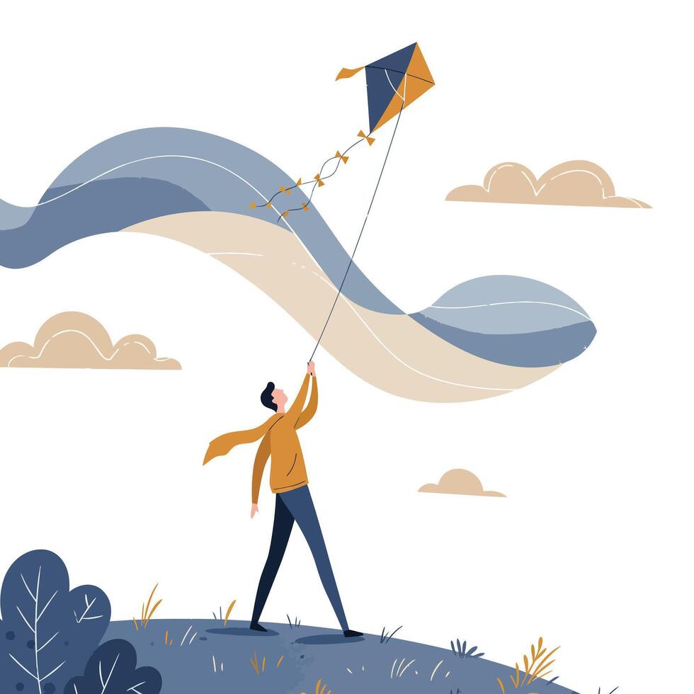 Man flying orange and blue kite outdoors with flowing scarf in minimal flat illustration vector