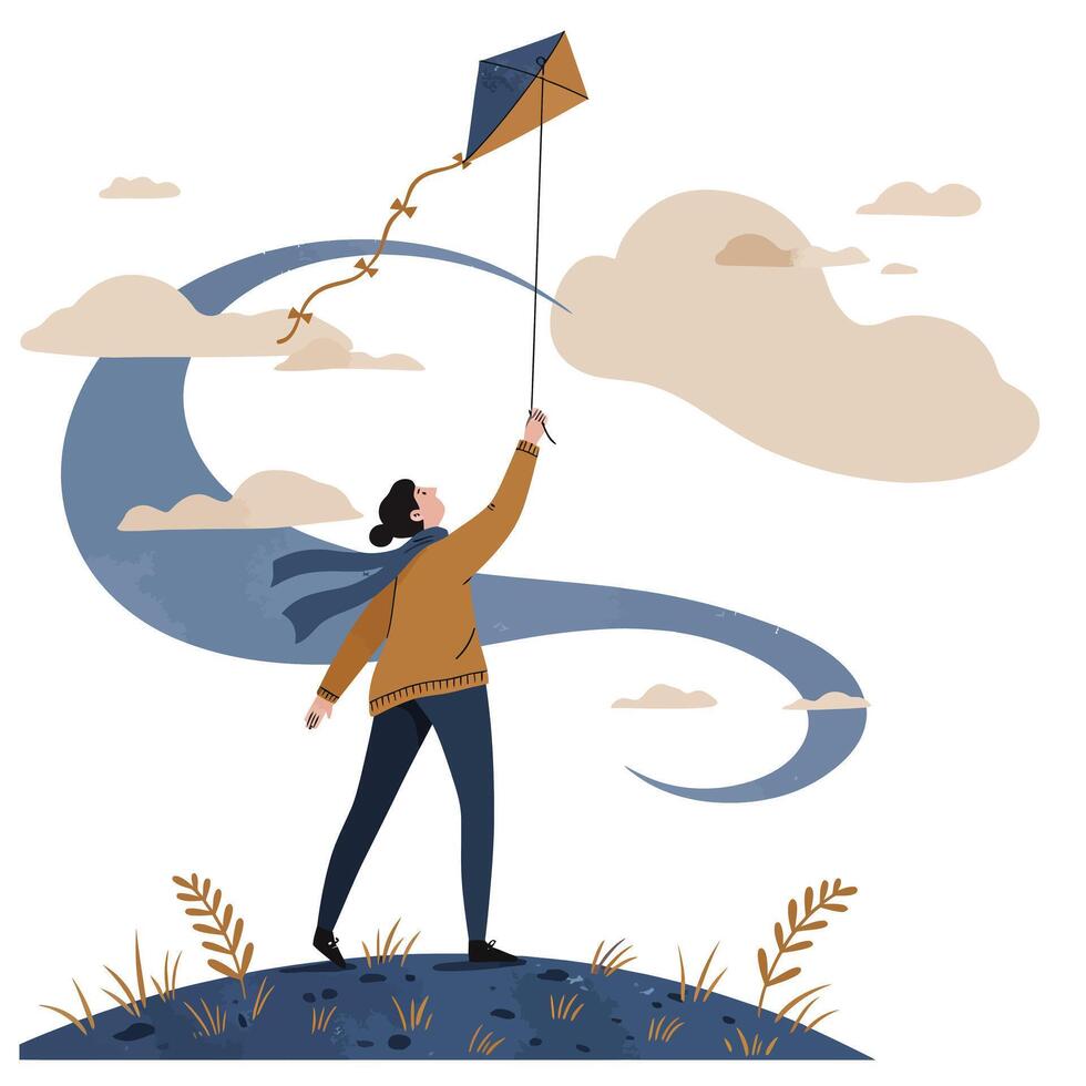 Woman flying a kite on a small hill with flowing scarf and dynamic sky elements in minimal flat illustration vector