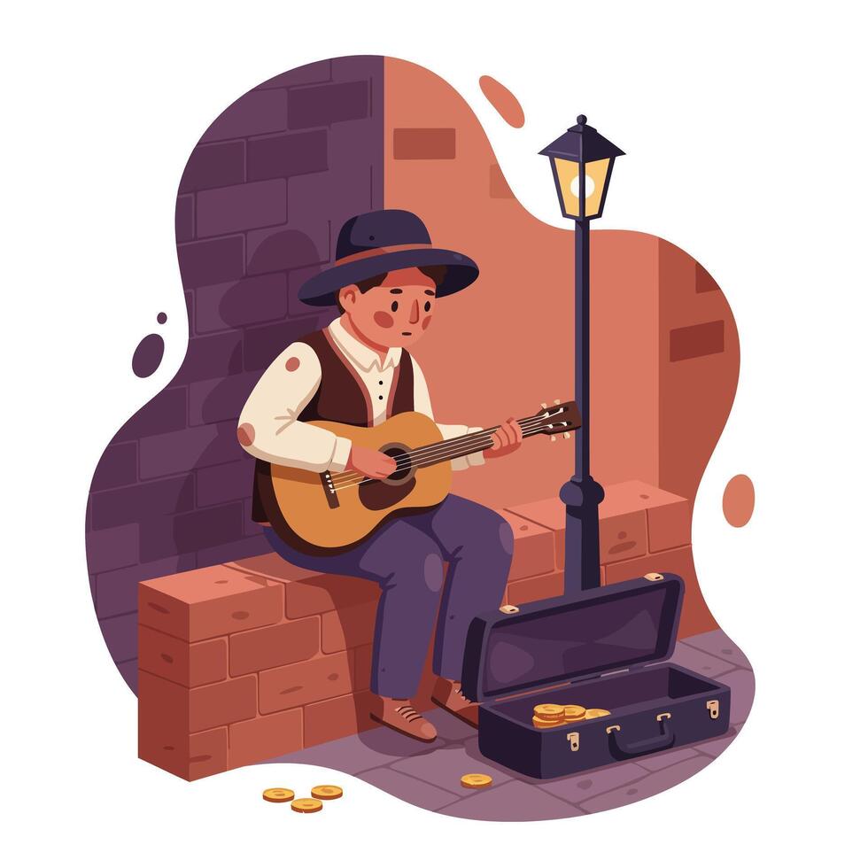 Young street musician playing acoustic guitar by lamppost in casual outfit flat colorful art vector