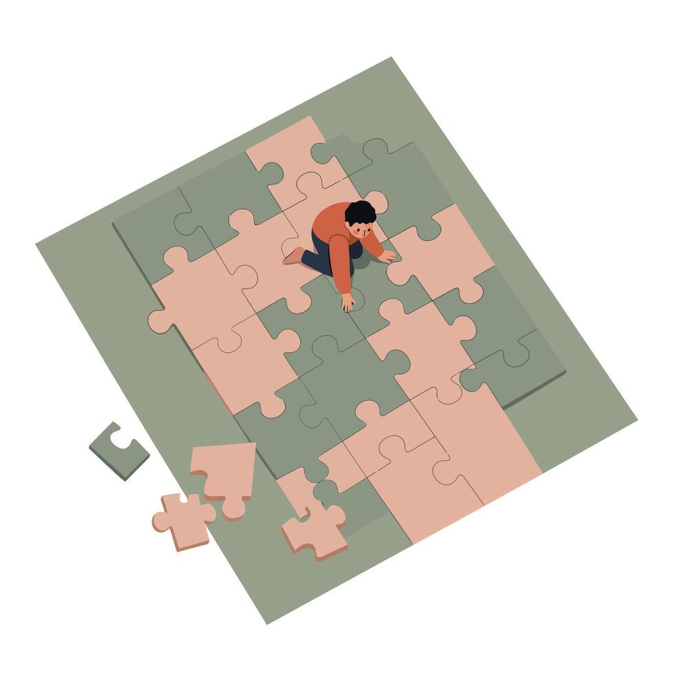 Man assembling large puzzle pieces on flat surface in minimal style illustration vector