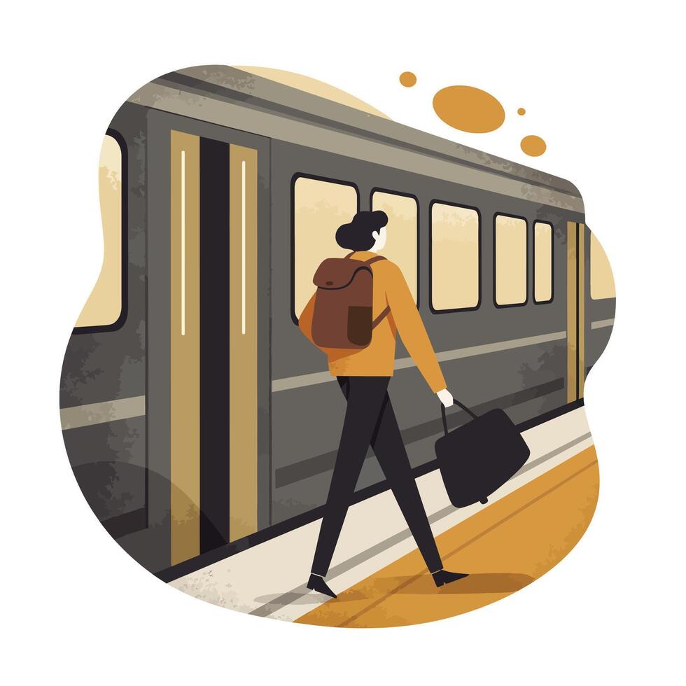 Person walking with suitcase and backpack beside train platform in flat minimal urban travel scene illustration vector