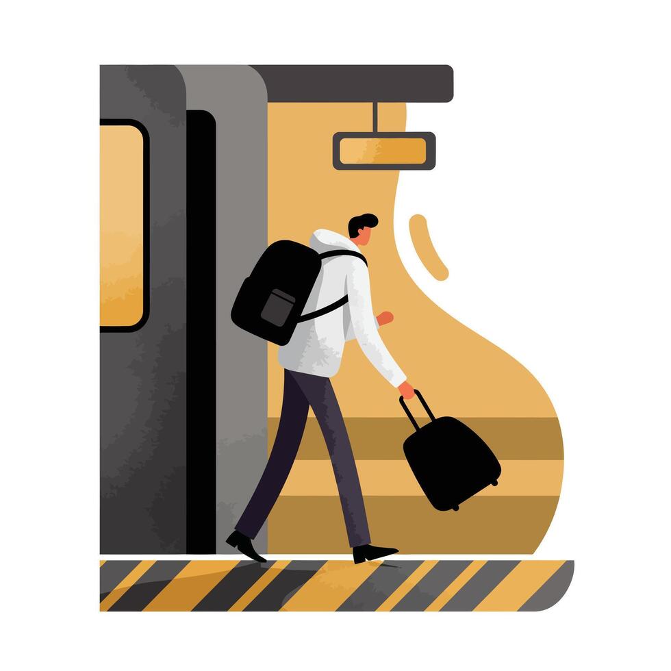 Young man carrying suitcase walking on subway platform with backpack flat minimal art vector