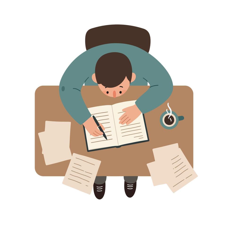 Top view of focused person writing in notebook at desk with coffee cup and scattered papers flat minimal illustration vector