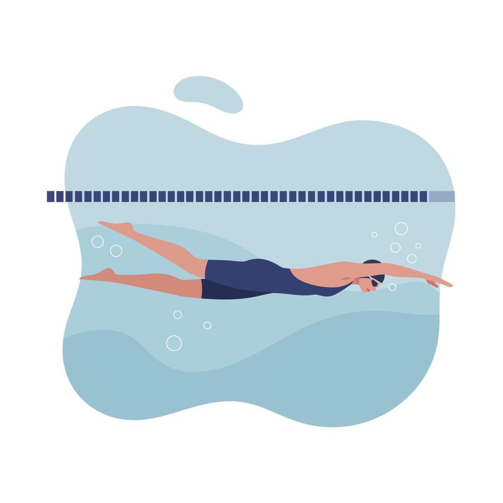 Male swimmer performing freestyle stroke underwater in minimal flat design with blue tones illustration vector
