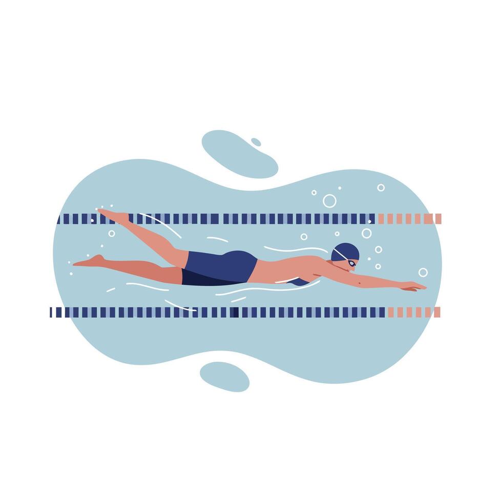 Male swimmer in swimming pool performing front crawl stroke in flat minimal style illustration vector