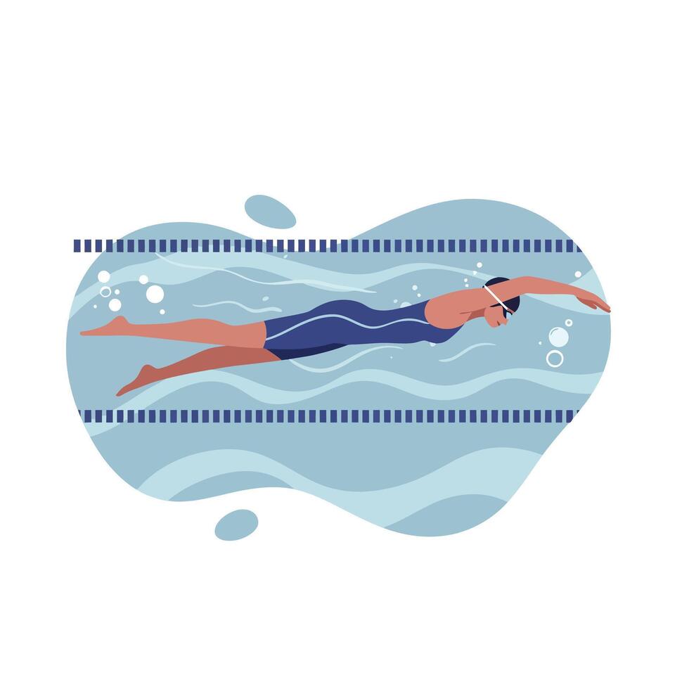 Female swimmer in blue swimsuit performing freestyle stroke in pool lane with goggles flat minimal illustration vector