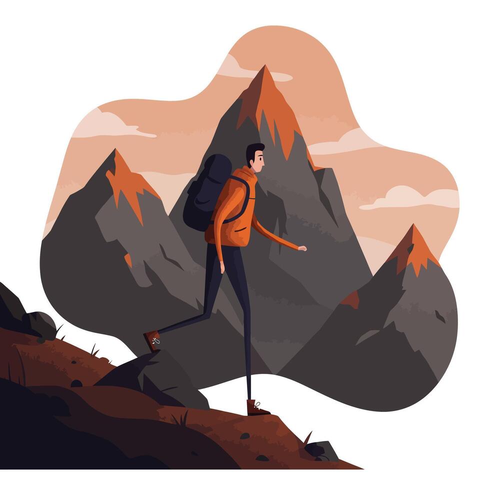 Male hiker in orange jacket climbing rocky mountain slope with dramatic peaks and cloudy sky in flat illustration vector