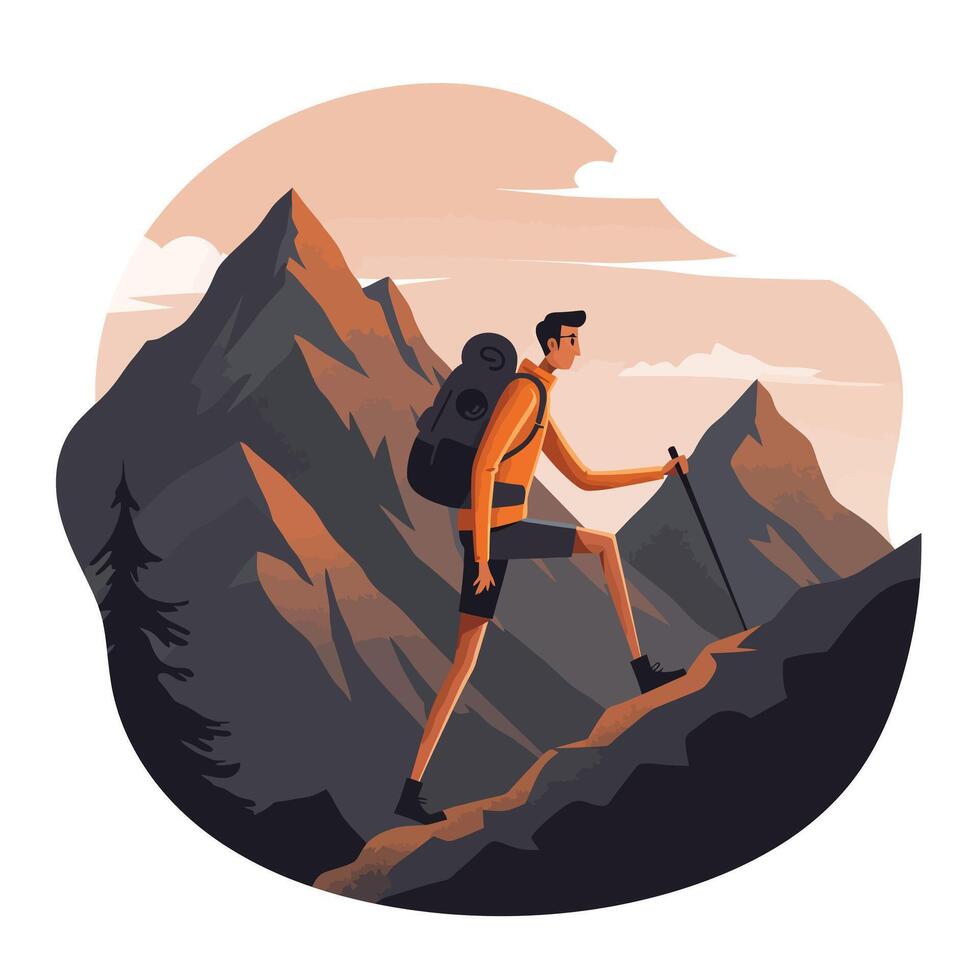 Male hiker climbing steep mountain trail with backpack and trekking pole in flat minimalist style illustration vector