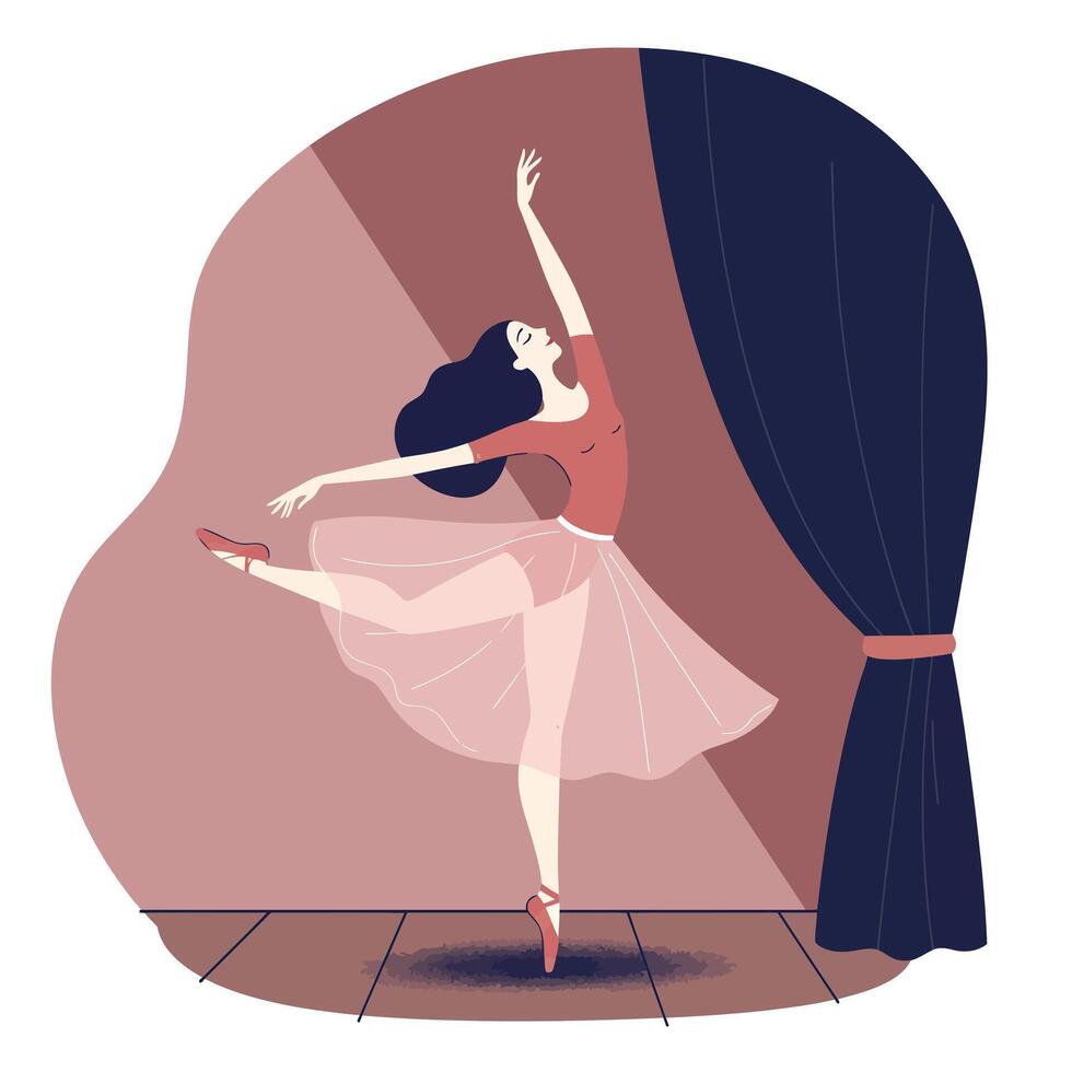 Female ballet dancer performing elegant arabesque pose on stage with dark curtain backdrop in minimal flat style illustration vector