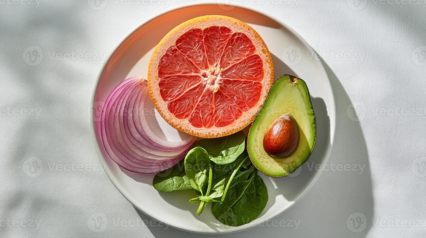 A single grapefruit slice, a perfect avocado wedge and a curl of red onion with a just-wilted spinach on a white plate. photo
