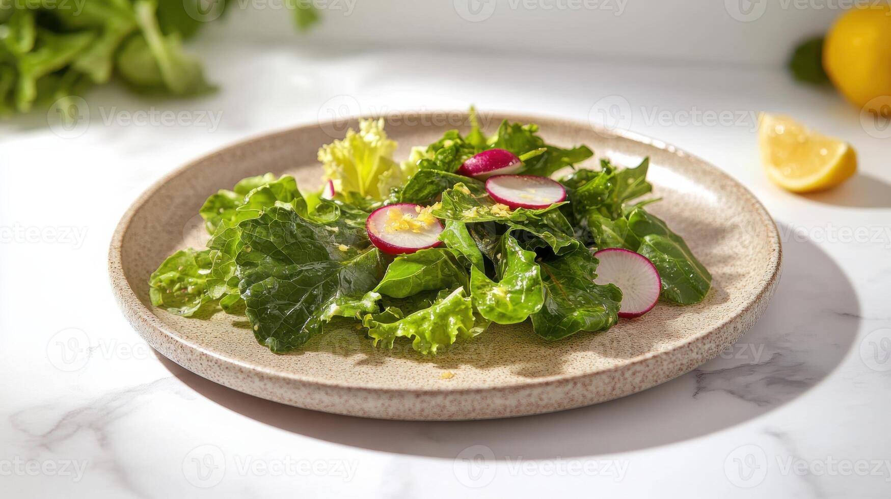 A vibrant mix of organic greens arugula,and butter lettuce tossed with thinly sliced radishes in shades of pink and white, scattered with toasted pumpkin seeds for texture. photo
