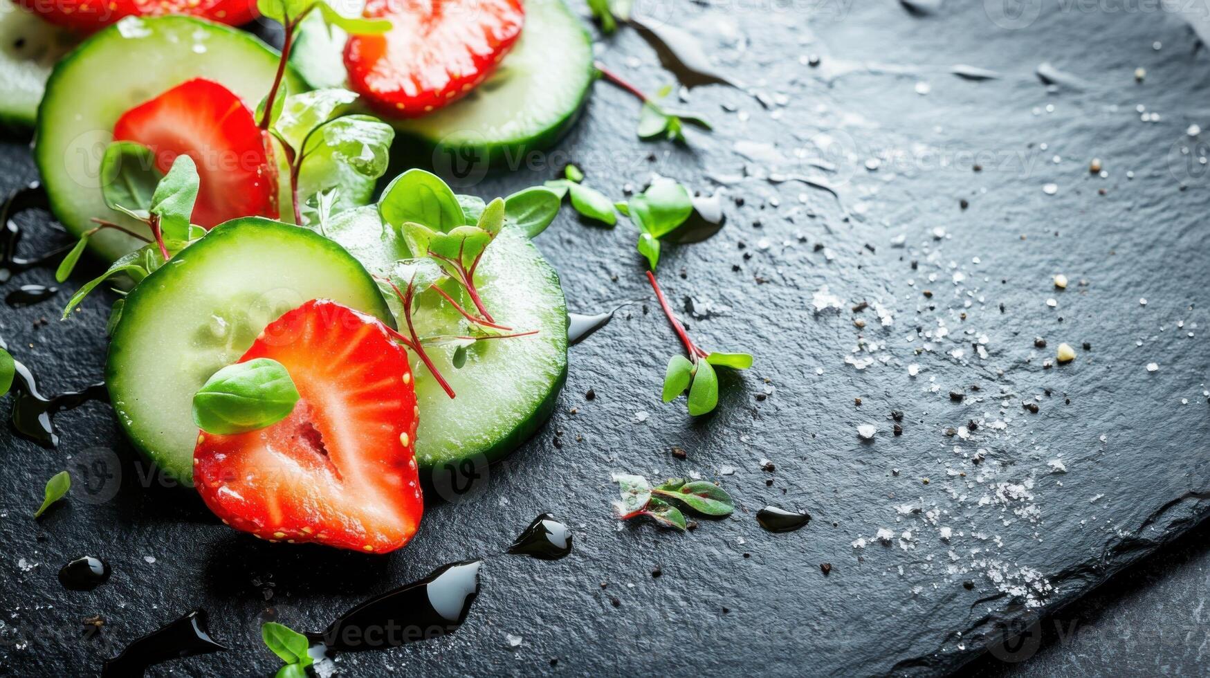 Fresh summer salad with cucumber slices, strawberries and micro greens. The basil dressing is applied with brushstrokes. photo