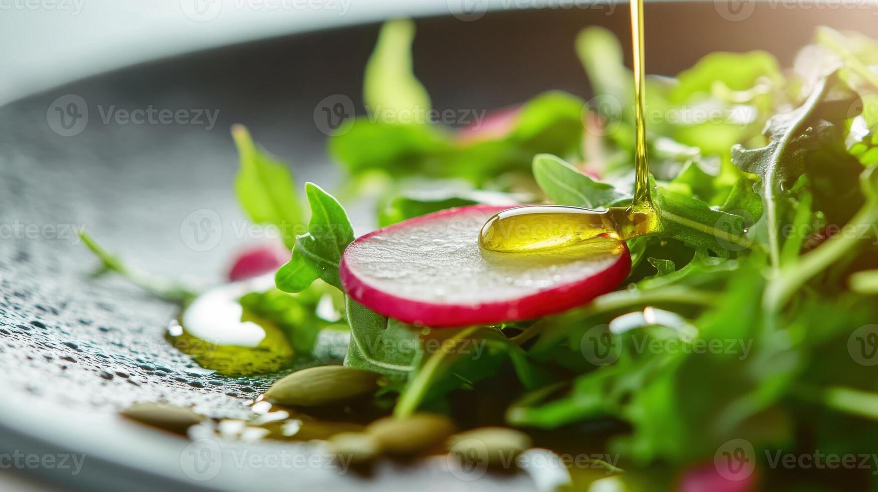 Close up of the fresh salad - dewdrops of olive oil clinging to a ruffled radish slice, pumpkin seeds caught onto a bed of peppery arugula. photo