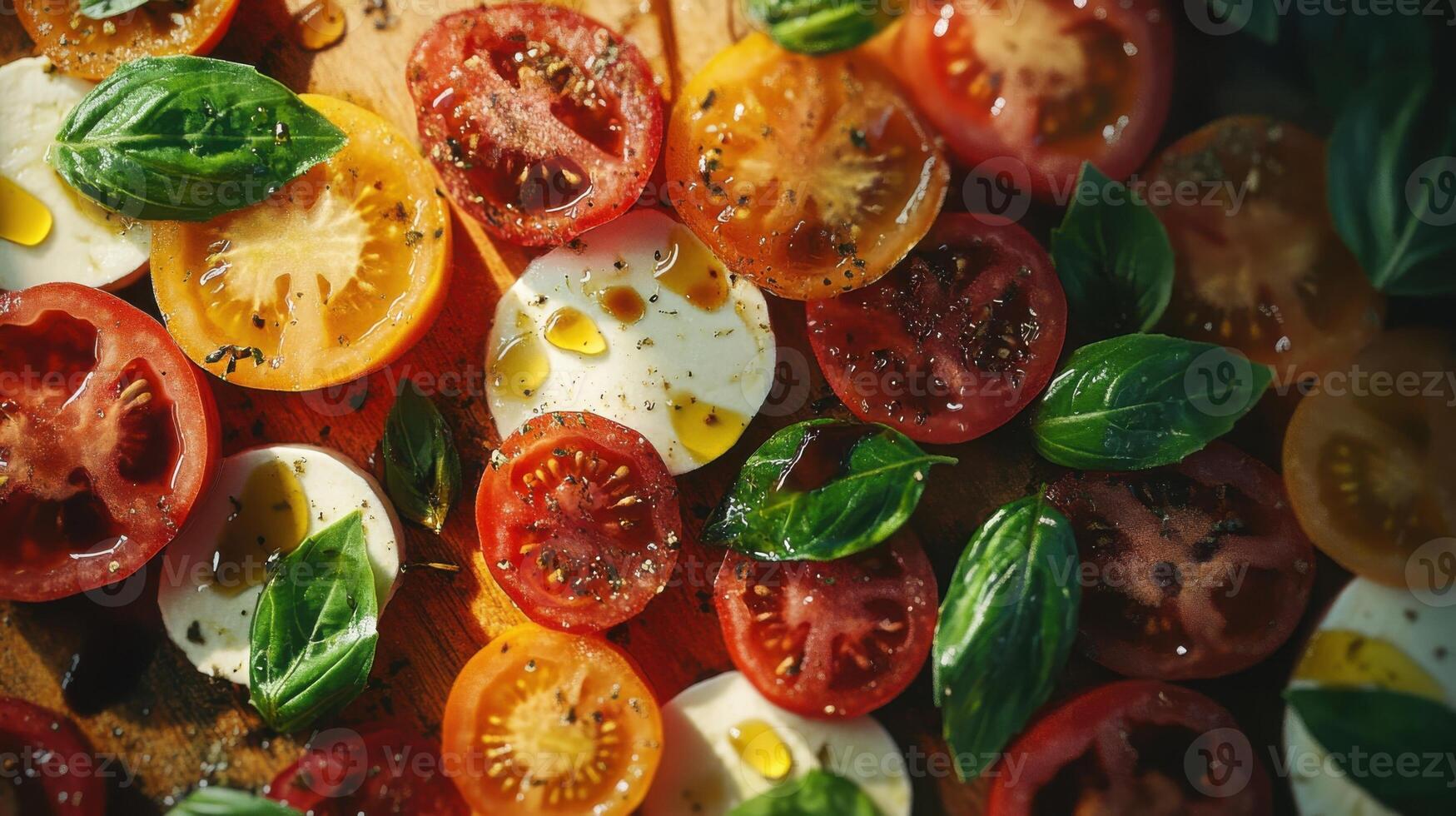 A freshCaprese salad showcasing an array of locally tomatoes in hues of deep red, orange, and yellow, interspersed with fresh green basil leaves. The creamy farm mozzarella is thickly sliced. photo
