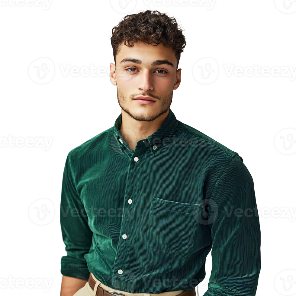 Guy dressed in a green tee and beige pants png