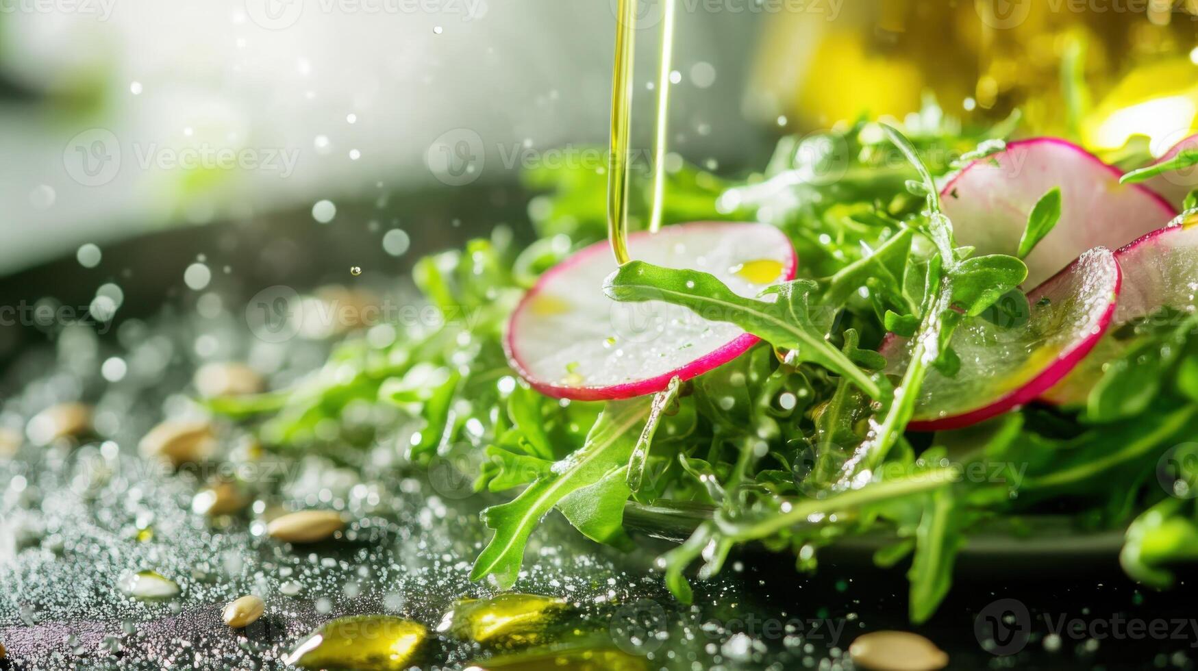 Close up of the fresh salad - dewdrops of lemon dressing clinging to a ruffled radish slice, pumpkin seeds caught onto a bed of peppery arugula. photo