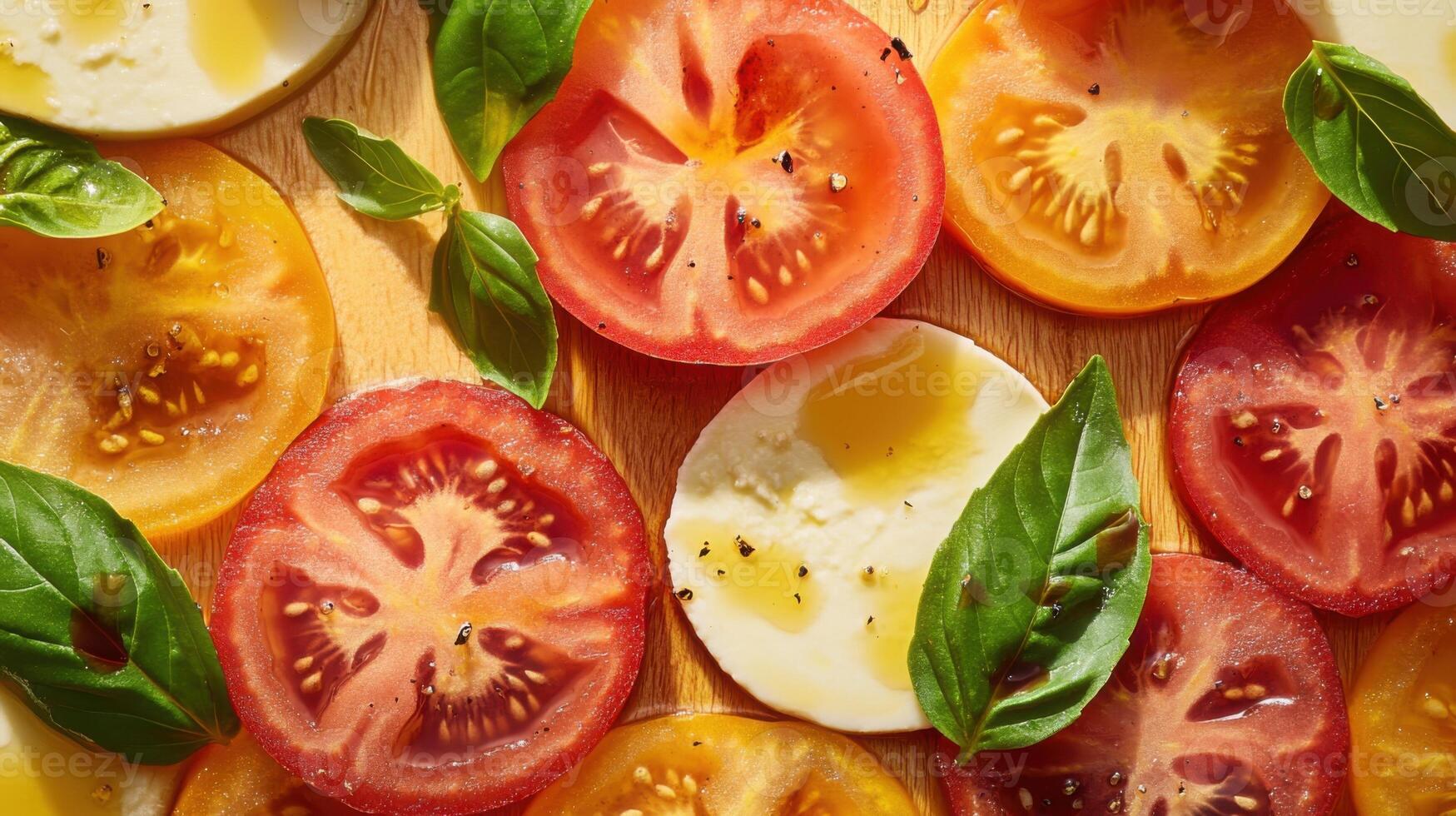 A vibrant Caprese salad showcasing an array of locally tomatoes in hues of deep red, orange, and yellow, interspersed with fresh green basil leaves. The creamy farm mozzarella is thickly sliced. photo