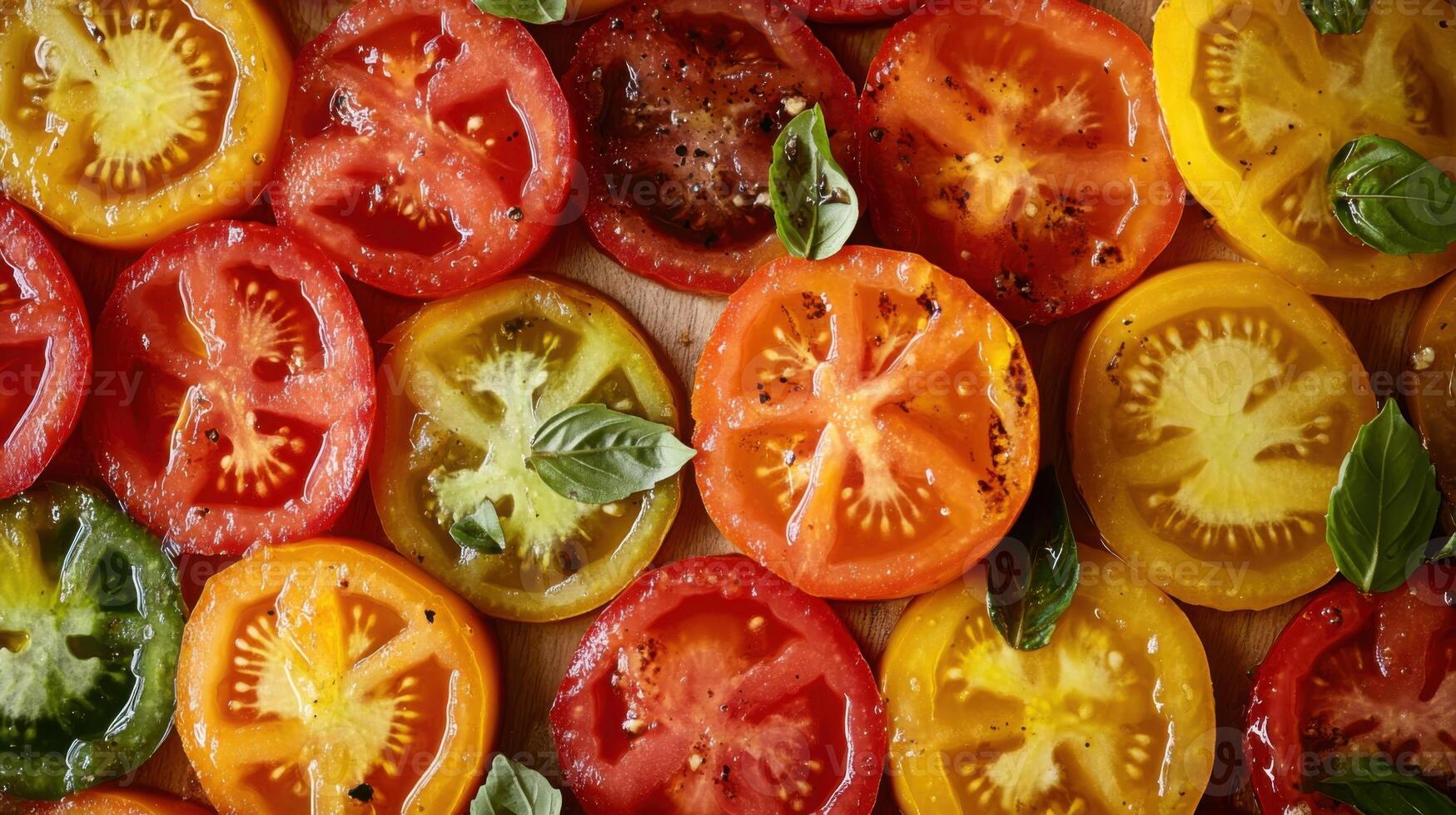 A vibrant array of locally sourced, uniquely shaped tomatoes in hues of deep red, orange, and yellow colors, with fresh green basil leaves . photo