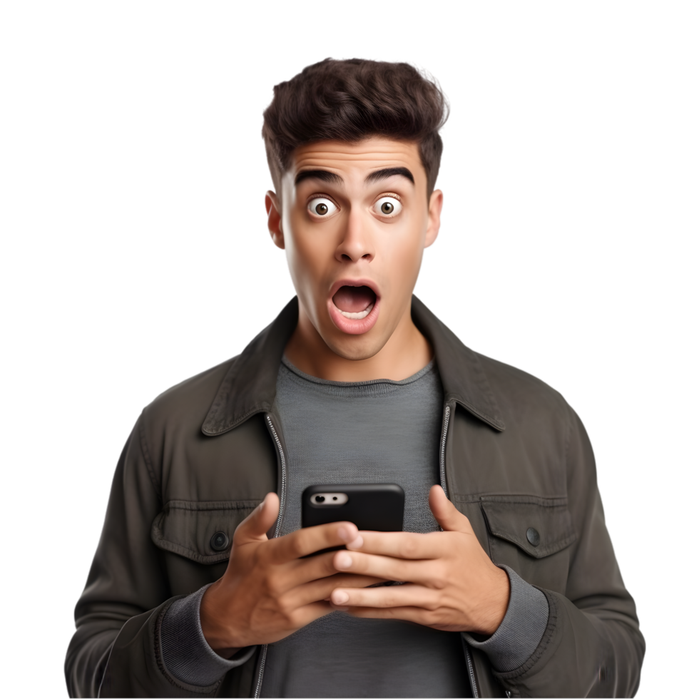 Surprised man engaging with smartphone urban setting realistic photo digital environment close-up view modern life png