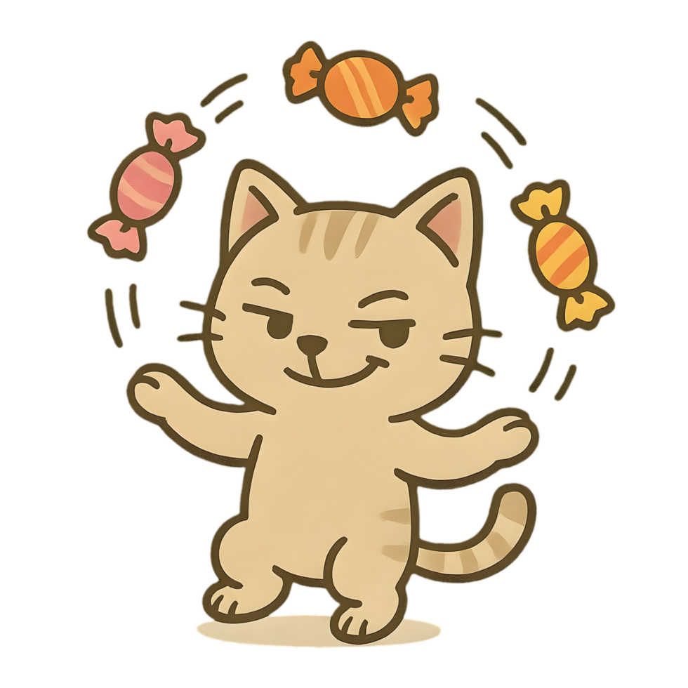 Charming action of a chibi cat juggling colorful candy with a sly grin in a playful environment png